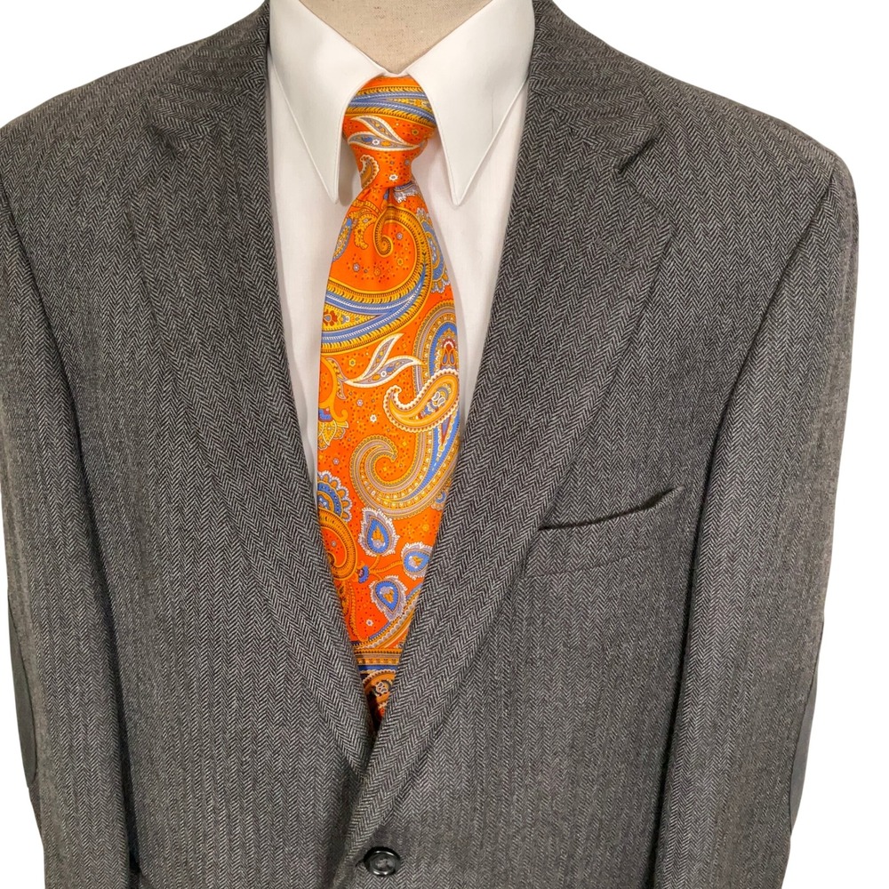 Stafford Blazer Mens 44L Gray Herringbone Elbow Patch Heritage Preppy  Wool